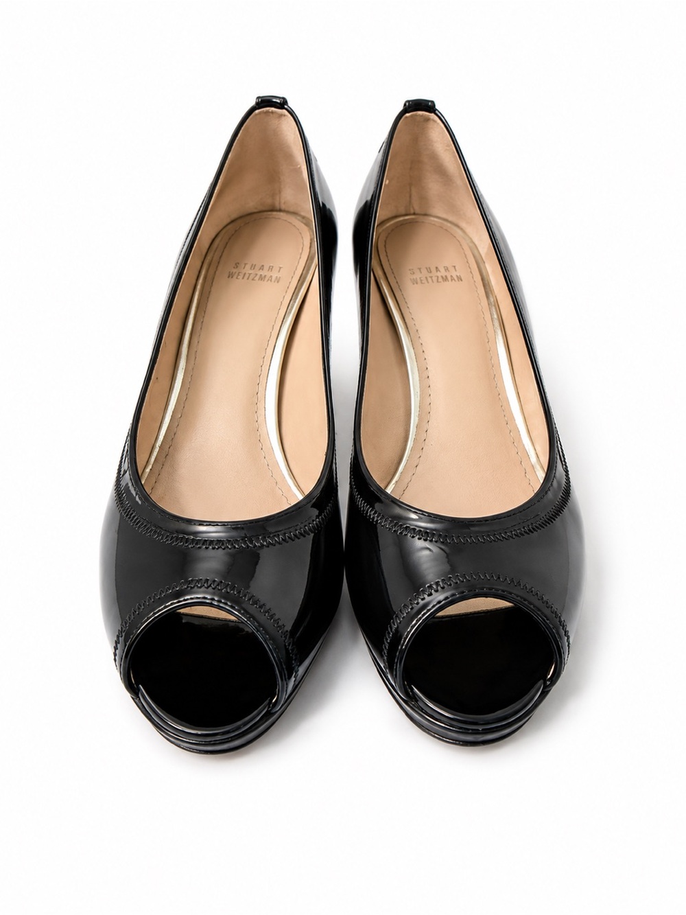 Stuart Weitzman Black Patent Peep-Toe Flats with Low Heel